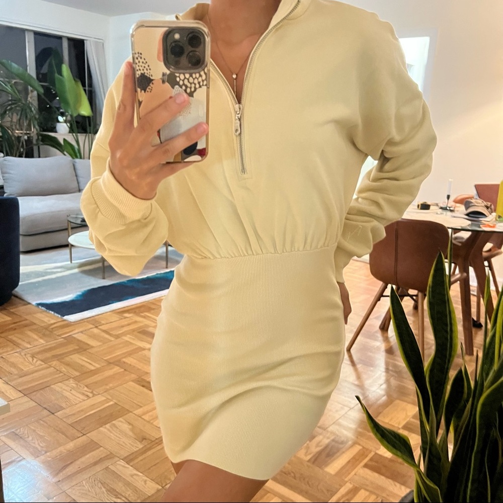 Cozy sweatshirt dress. Body con bottom and soft zip up top.